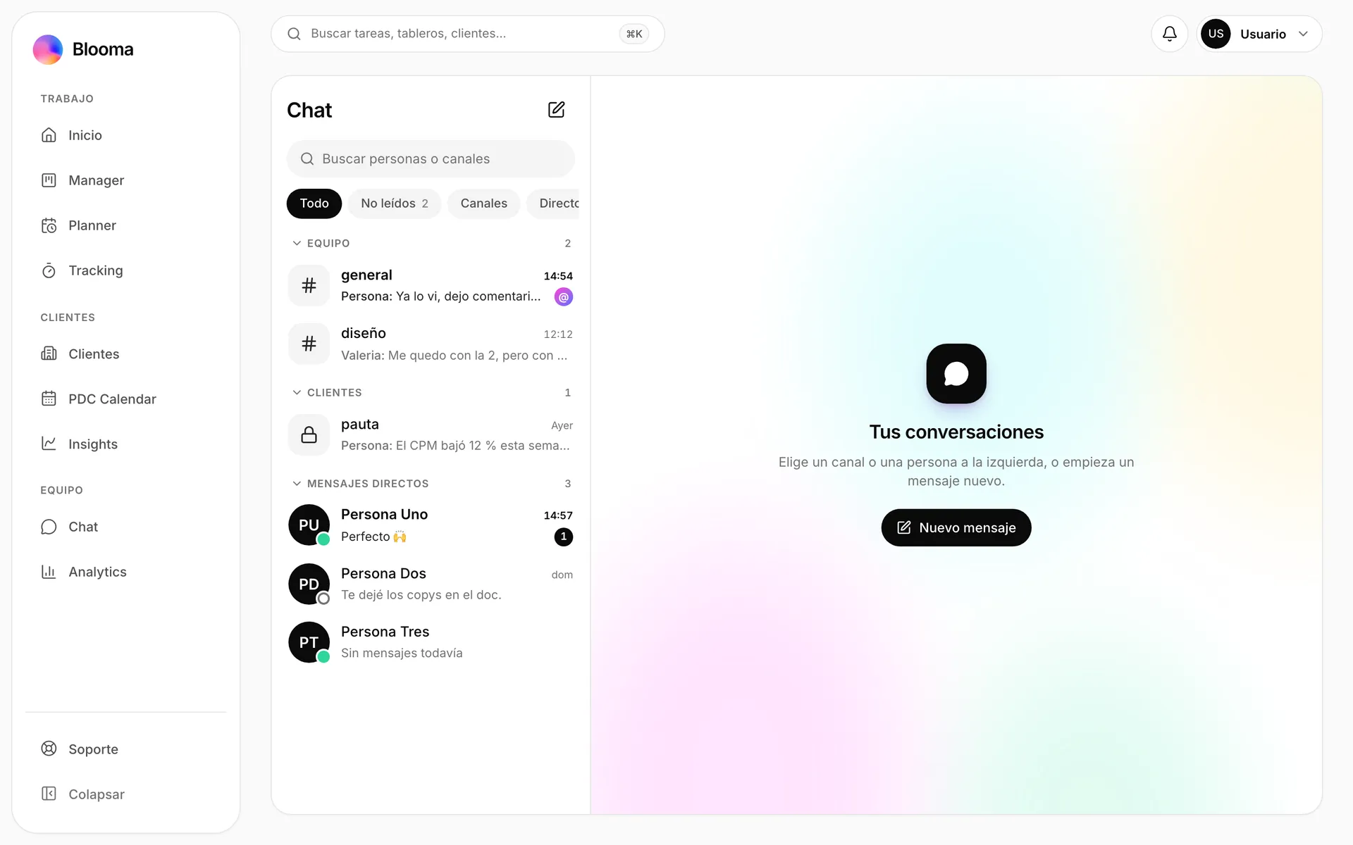 Chat de equipo en Blooma