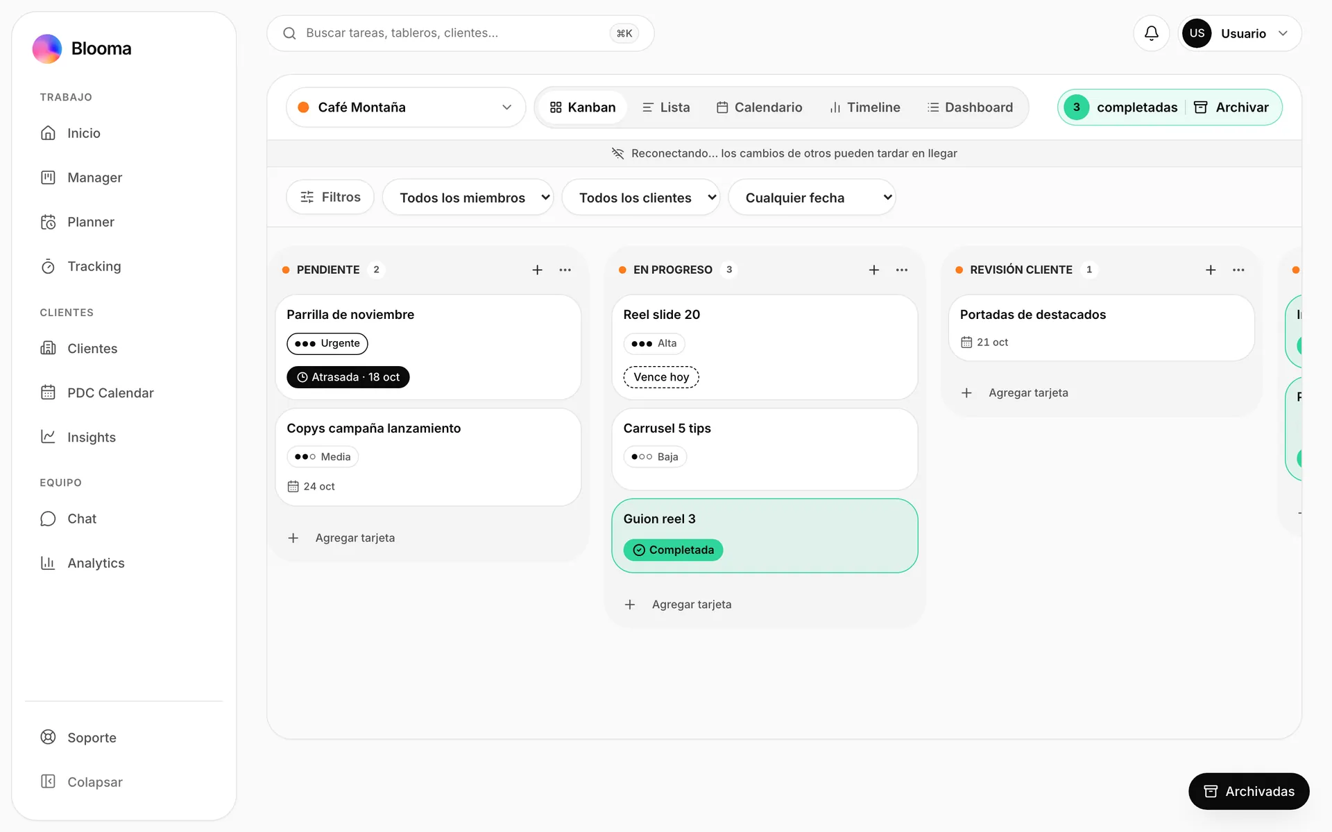 Manager de Blooma en vista Kanban