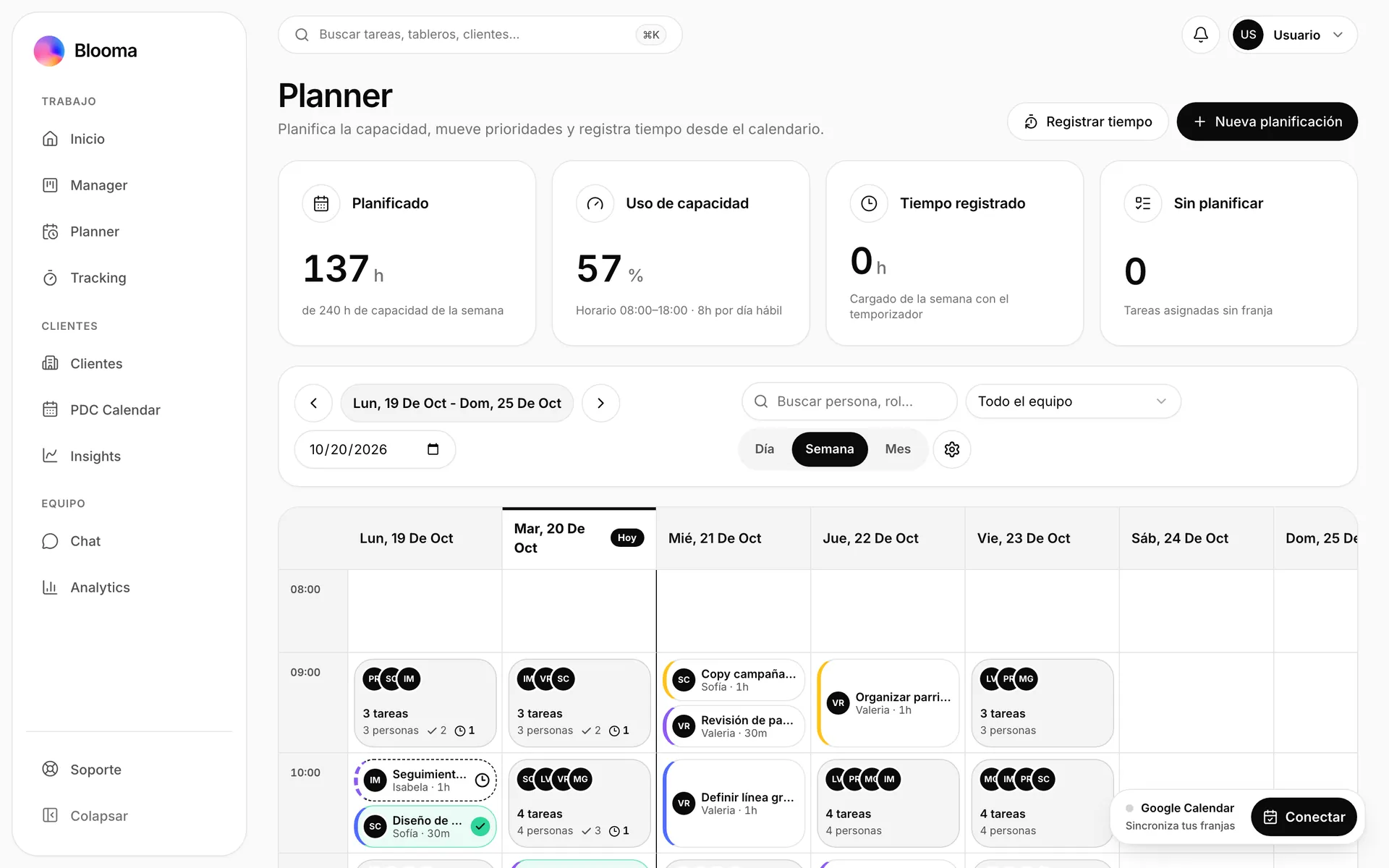 Planner de Blooma en vista semana